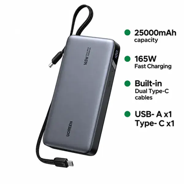 UGREEN PB552 (55995B) 25000mAh 165W Power Bank with Built-in Cable